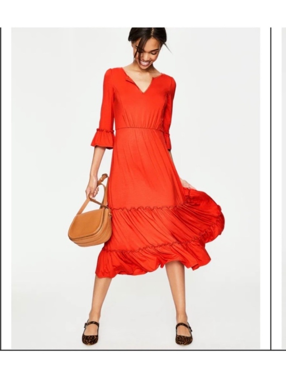 Boden Jordan Jersey Midi Dress Orange Red Split Neck Tiered Stretchy Flirty Sz 6